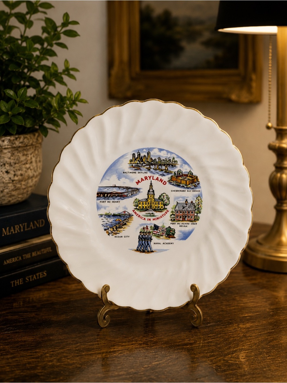 Vintage Maryland State Souvenir Plate with Gold Trim | 6.25” State Dish